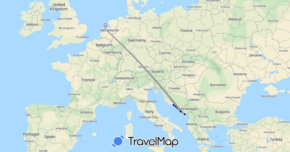 TravelMap itinerary: driving, plane in Croatia, Montenegro, Netherlands (Europe)